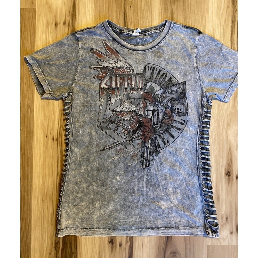 Affliction Live Fast Metal Graphic Tee Acid Wash Side Lattice Cut Out Gray L